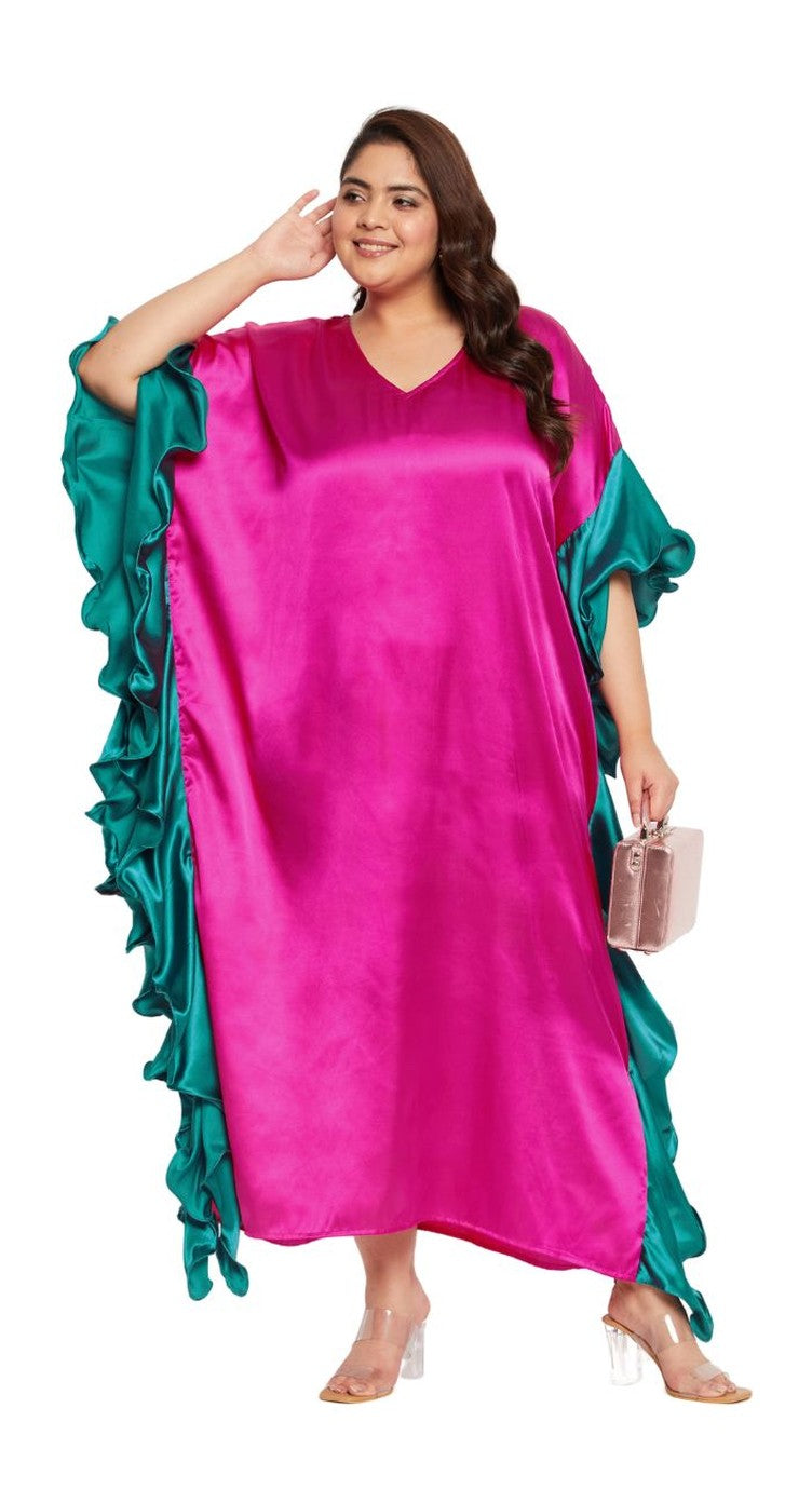 Magenta Solid Satin Ruffle Plus Size Kaftan Dress For Women - SKU RKFT-1001-CABY - Gypsie Blu
