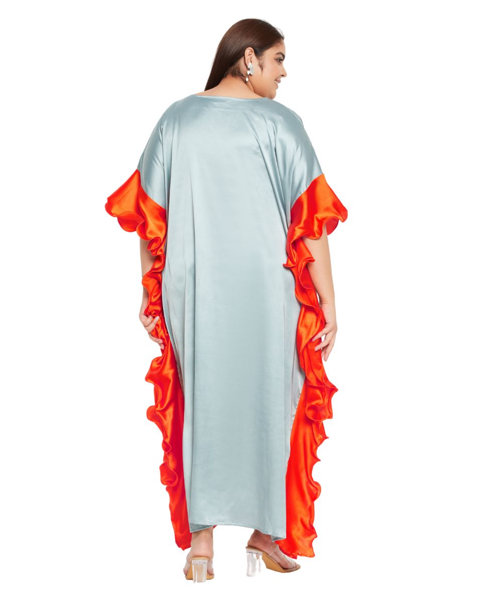 Grey Solid Orange Satin Ruffle Kaftan Dress For Plus Size Women
