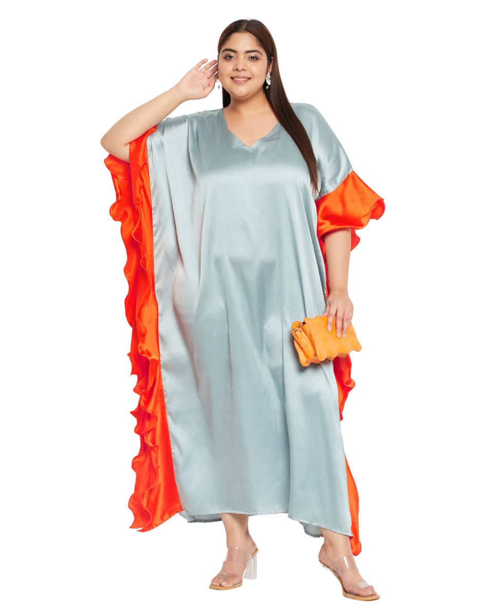 Solid Sky Blue Satin Ruffle Kaftan Dress