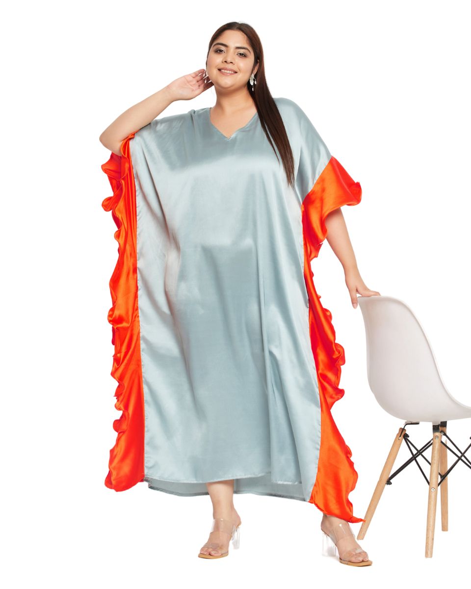 Grey Solid Orange Satin Ruffle Kaftan Dress For Plus Size Women