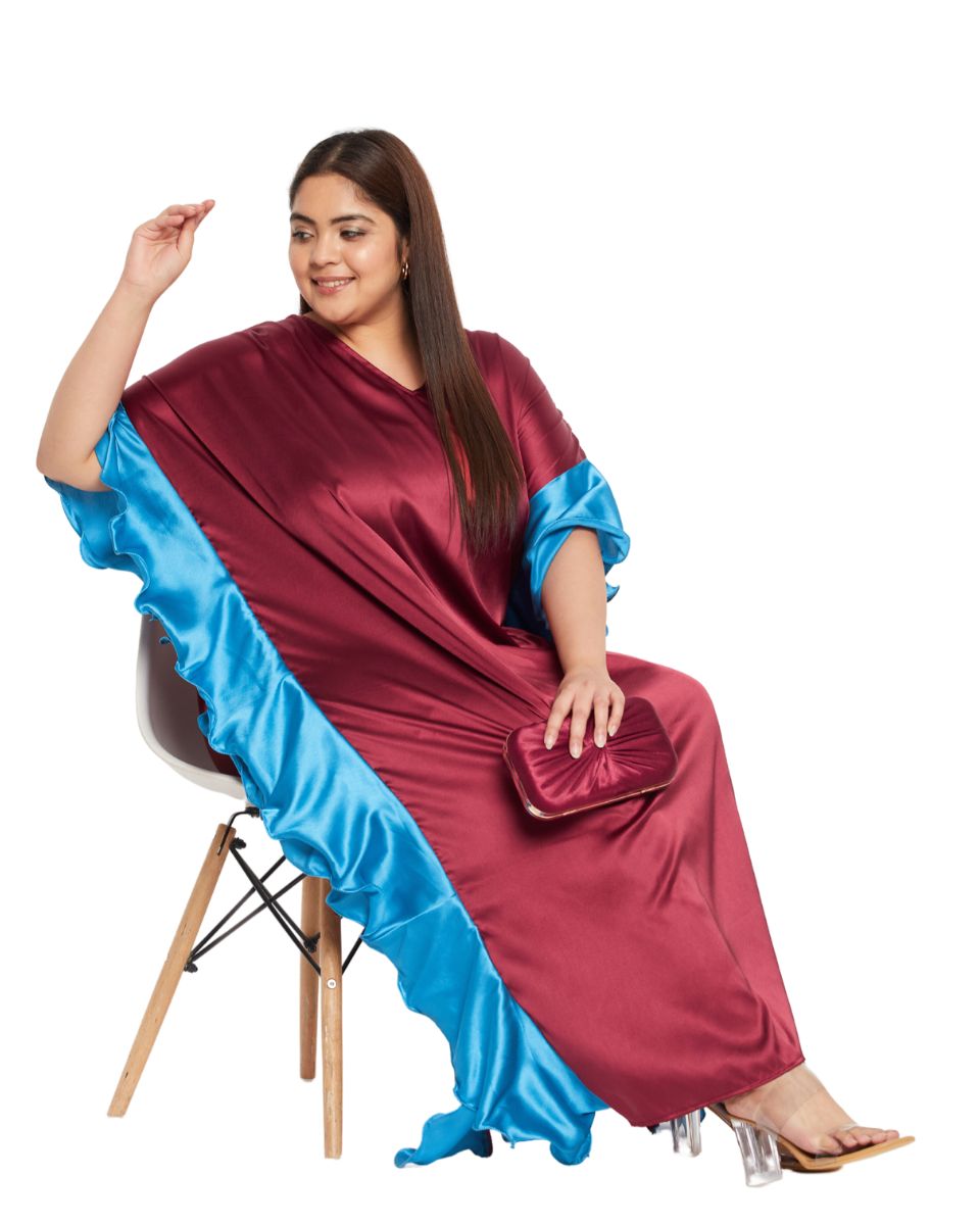Maroon Solid Satin Ruffle Kaftan Dress For Women