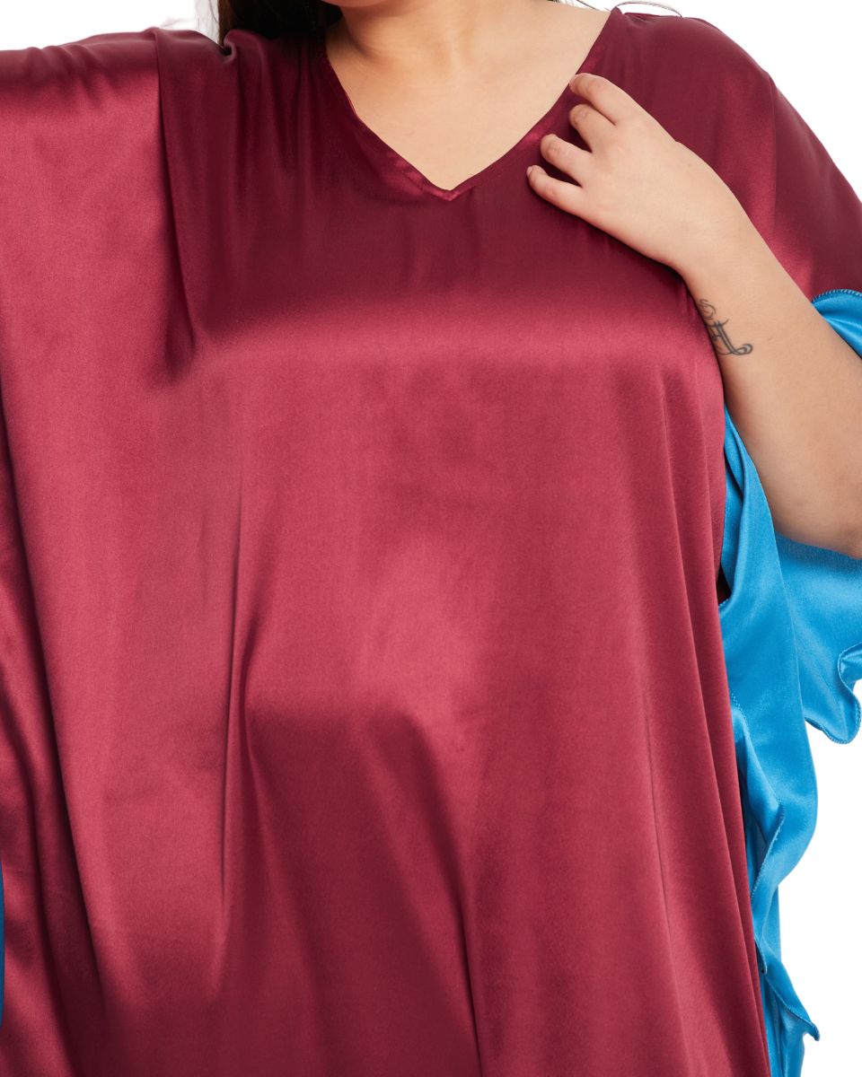 Maroon Satin Ruffle Kaftan Dress
