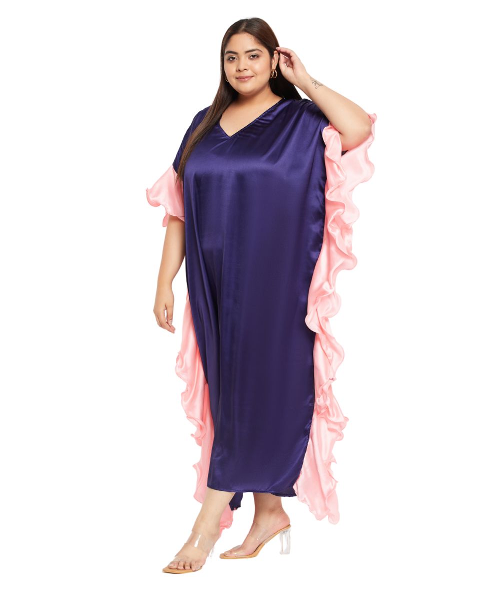 Satin Ruffle Kaftan Dress in solid navy blue