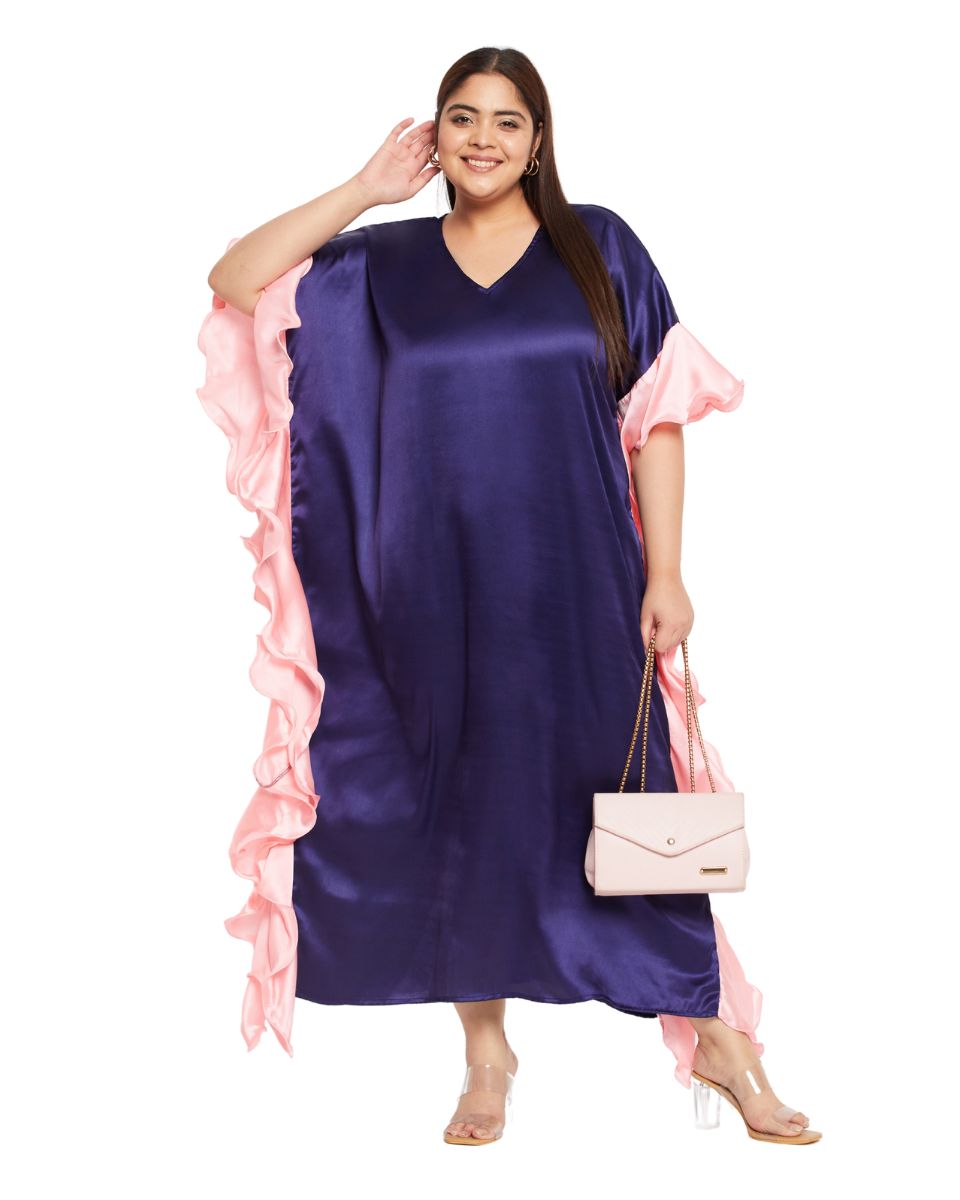 Solid Navy Blue Satin Ruffle Kaftan Dress