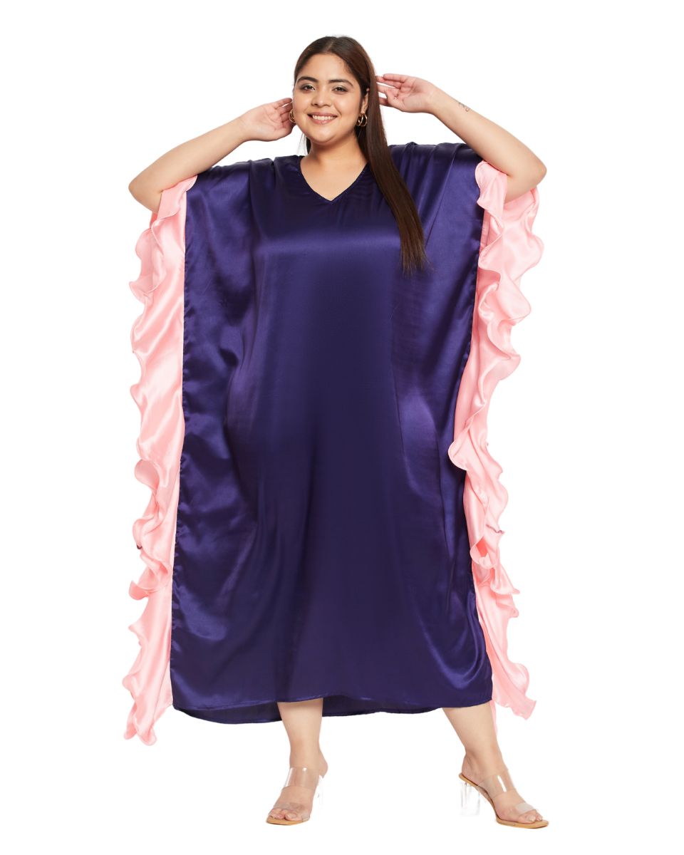 Solid Navy Blue Satin Ruffle Kaftan Dress For Plus Size Women