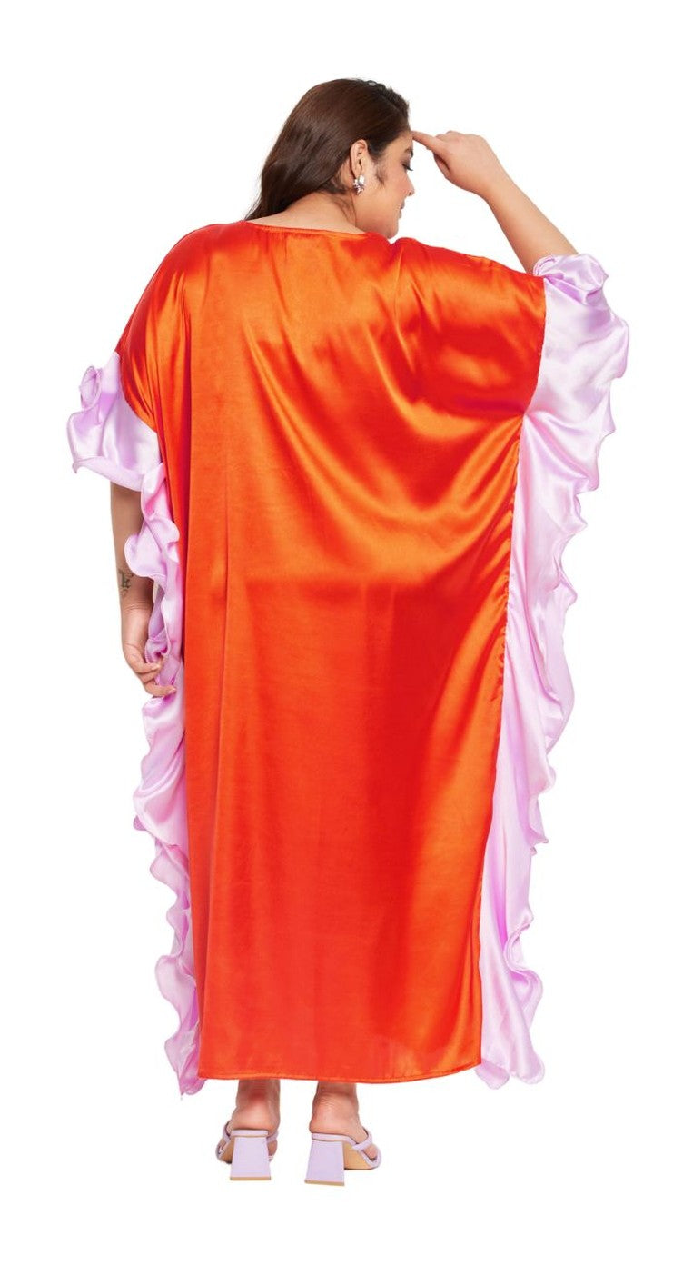 Orange satin plus size kaftan dress with pale pink contrast ruffle sleeve trim — extra view