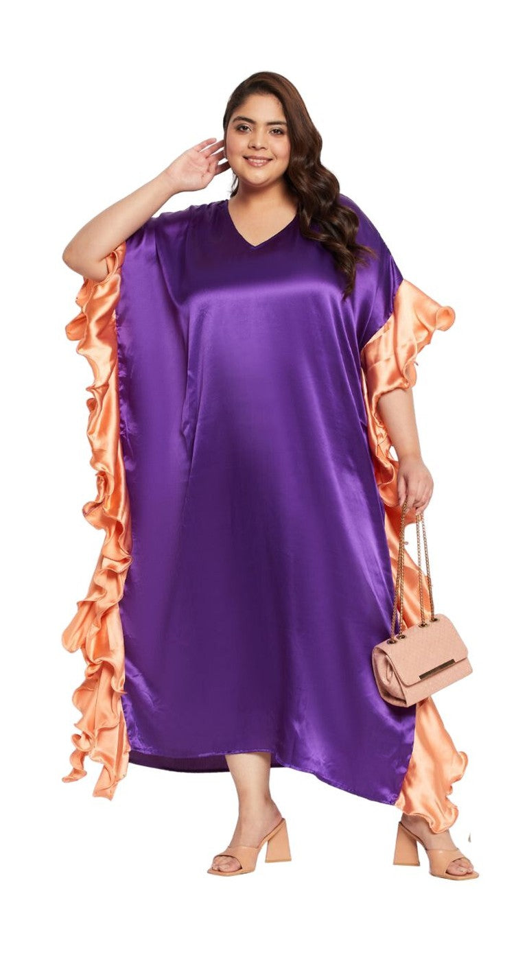 Purple satin plus size kaftan dress with peach contrast ruffle sleeve trim