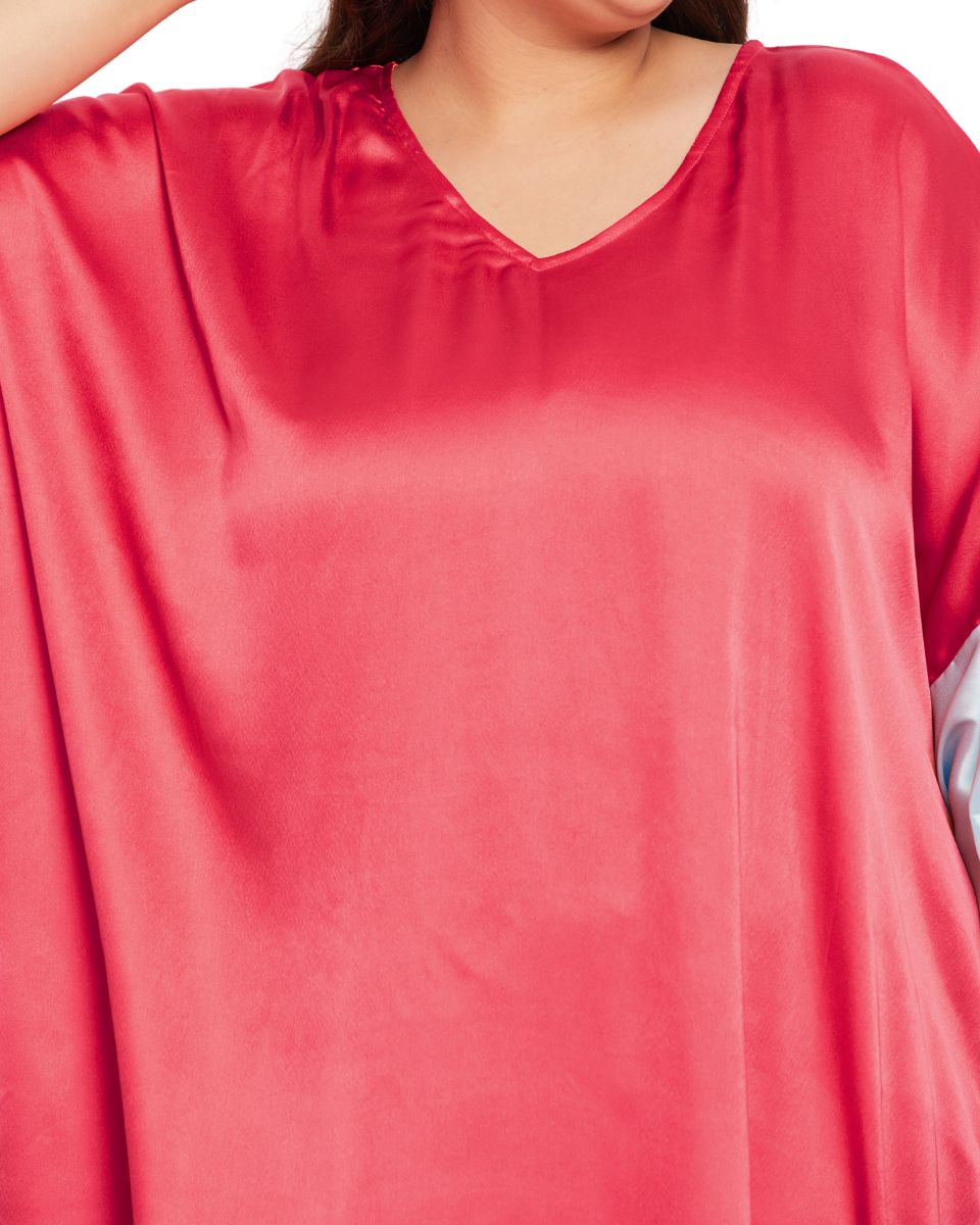 Women's Coral Satin Ruffle Kaftan Dress