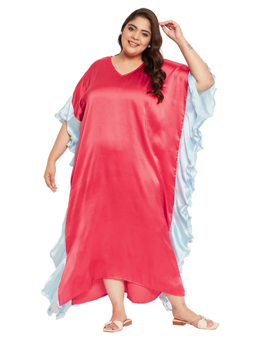 Solid Coral Satin Ruffle Kaftan Dress for Women