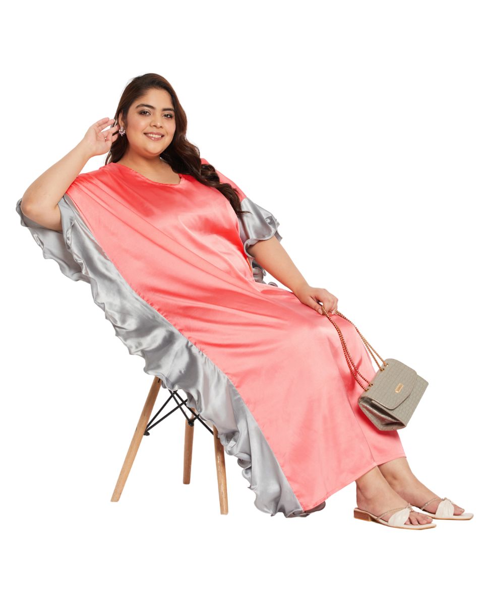 Ruffle Solid Peach Satin Kaftan Dress For Plus Size Women