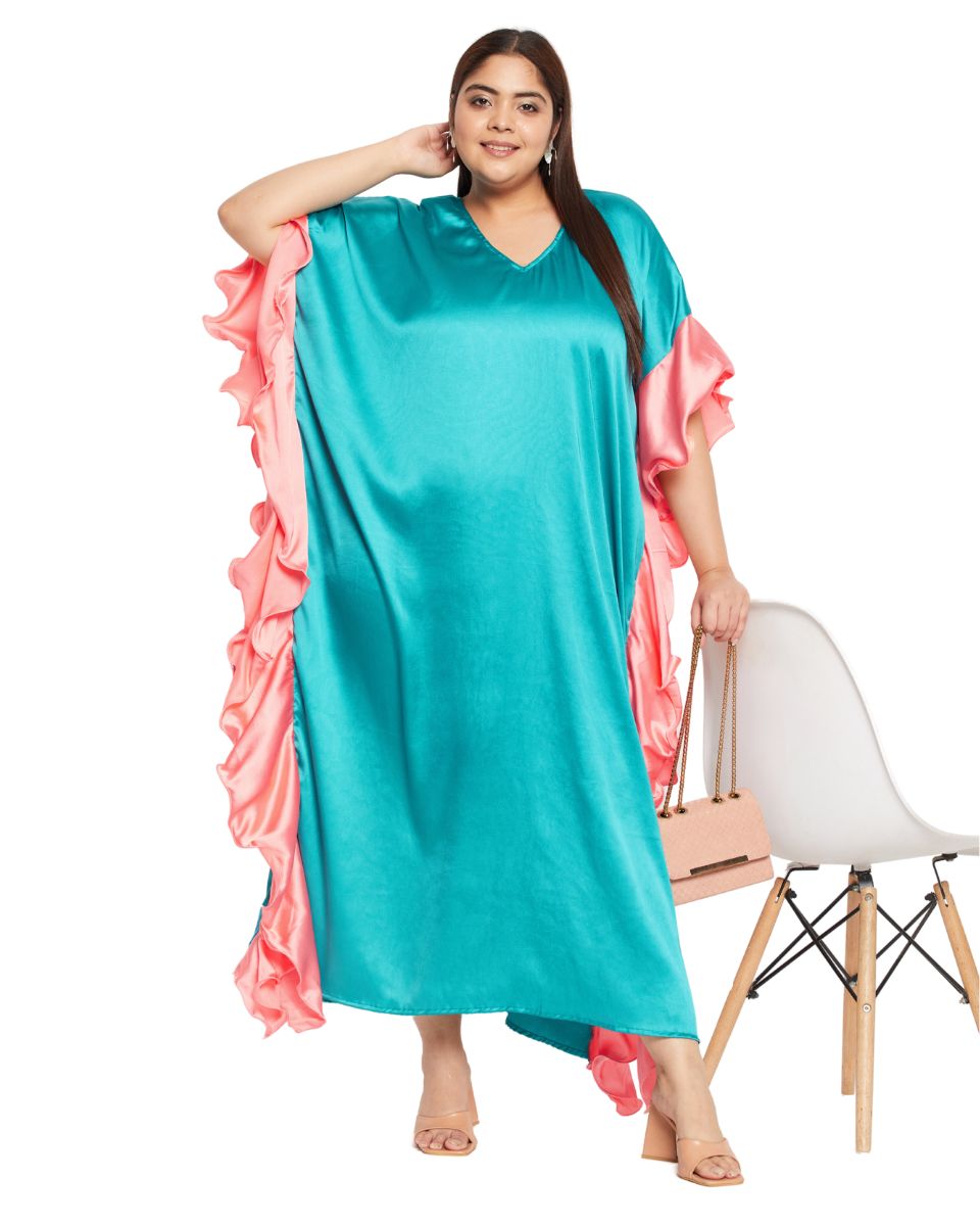 Ruffle Satin Solid Turquoise Plus Size Kaftan Dress For Women
