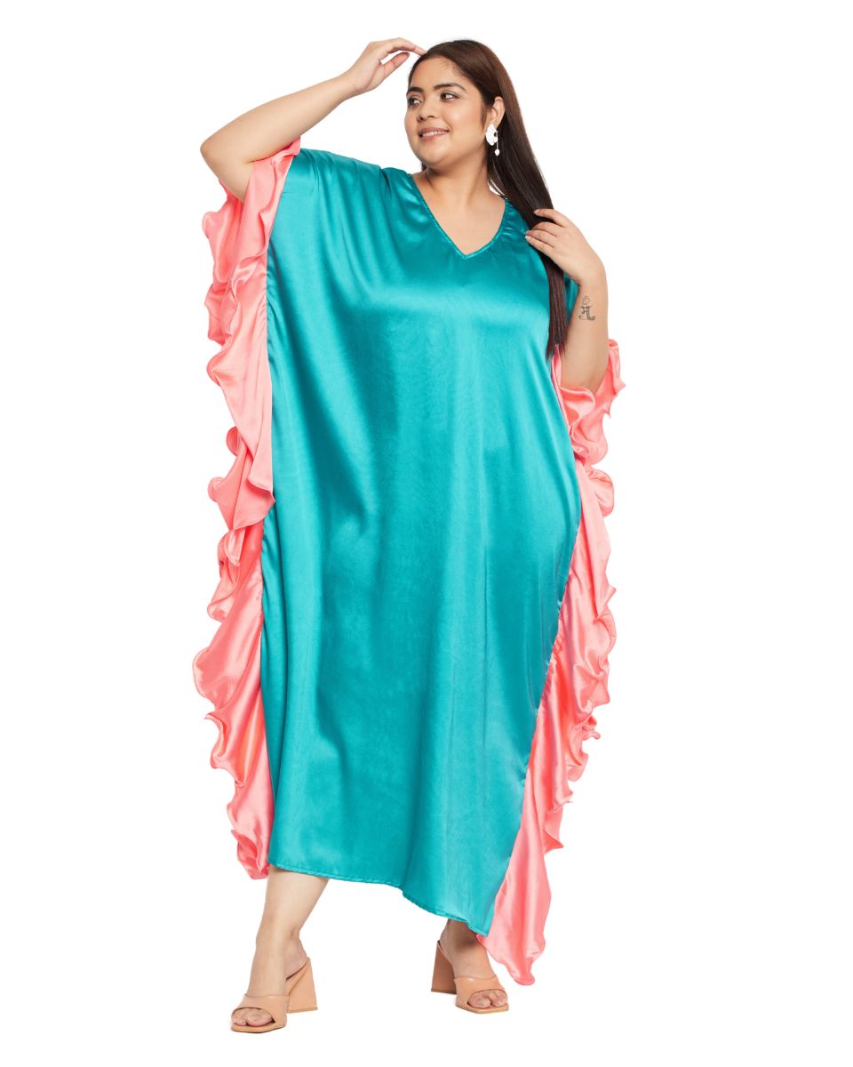 Ruffle Satin Solid Turquoise Plus Size Kaftan Dress For Women