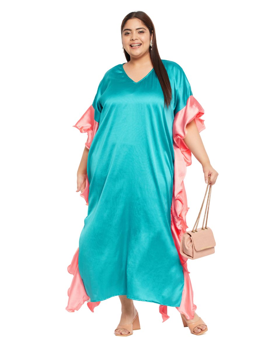 Solid Royal Blue Satin Ruffle Kaftan Dress