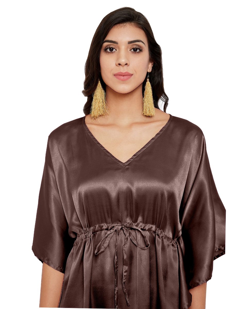 Solid Brunette Brown Satin Plus Size Tunic Top For Women