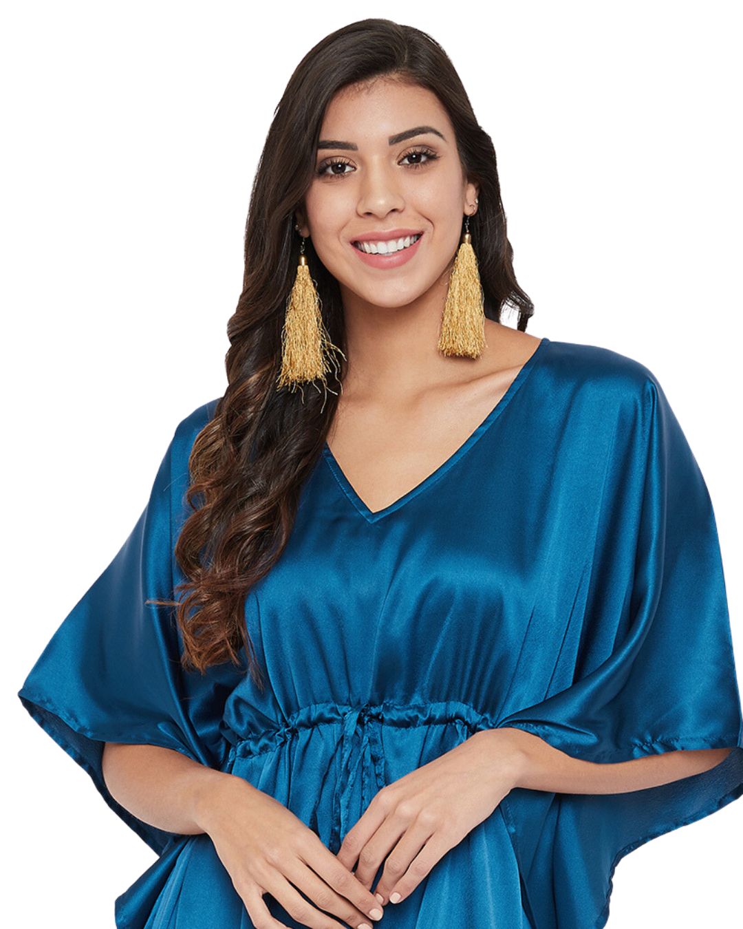 Solid Corsair Blue Satin Tunic Top For Plus Size Women