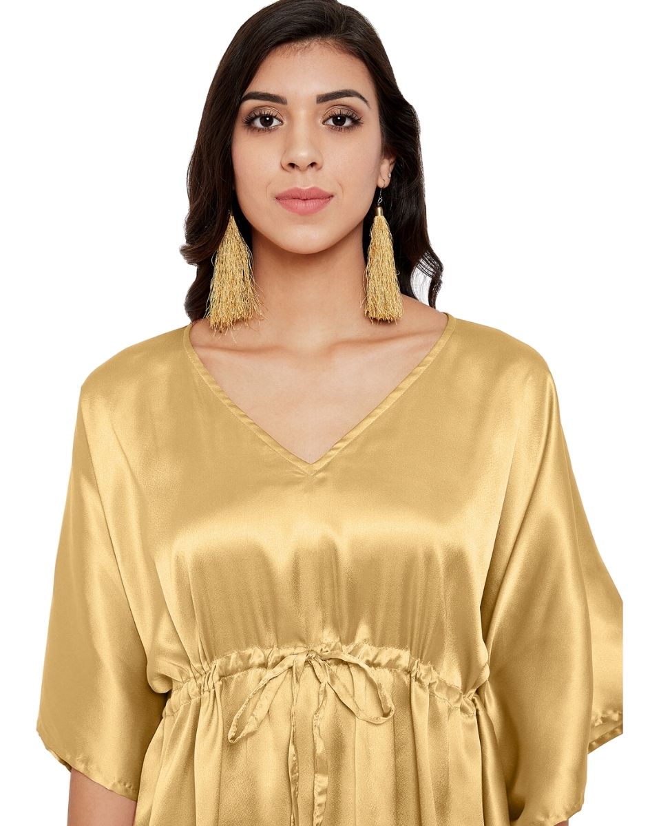 Golden Solid Satin Tunic Top Dress For Plus Size Women