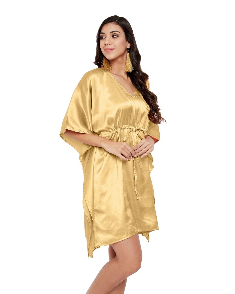 Golden Solid Satin Tunic Top Dress For Plus Size Women