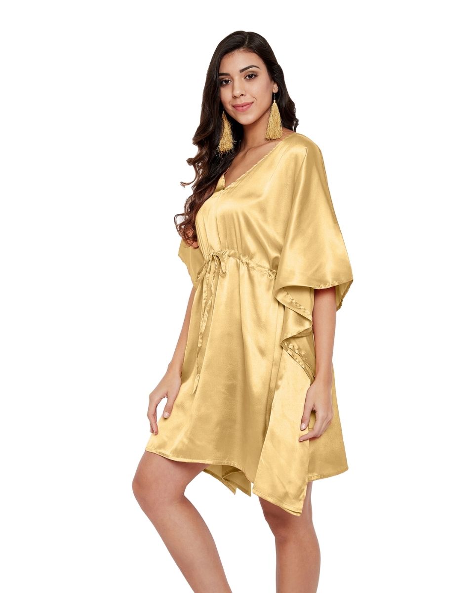 Golden Solid Satin Tunic Top Dress For Plus Size Women