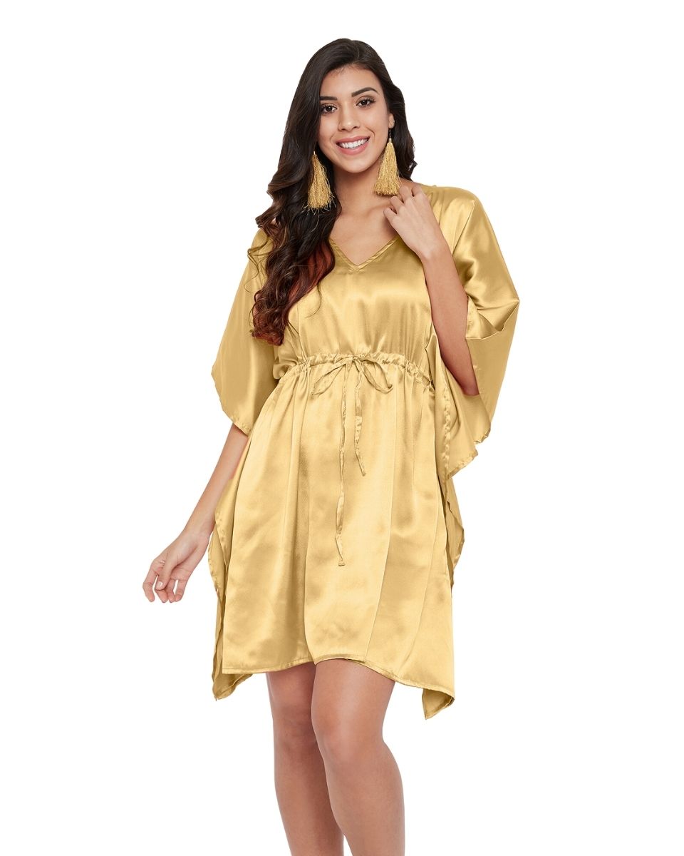 Golden Solid Satin Tunic Top Dress For Plus Size Women