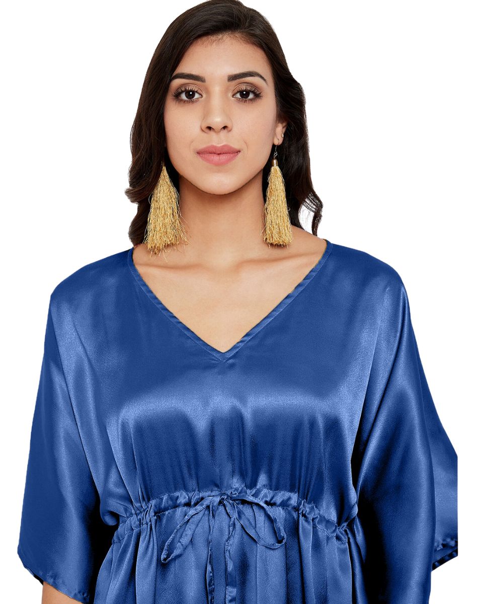Satin Solid Navy Blue Plus Size Tunic Top For Women
