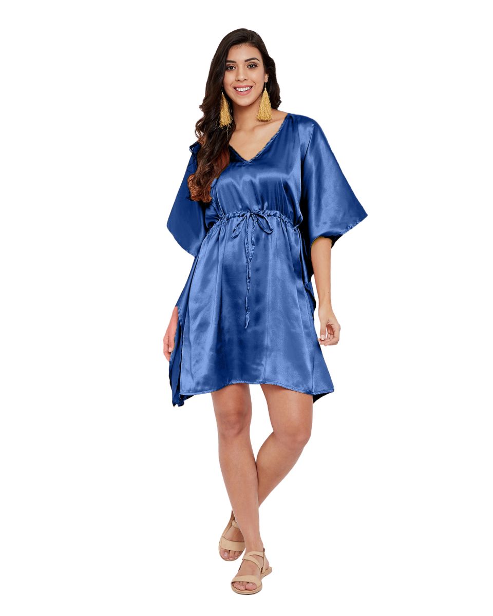 Satin Solid Navy Blue Plus Size Tunic Top For Women