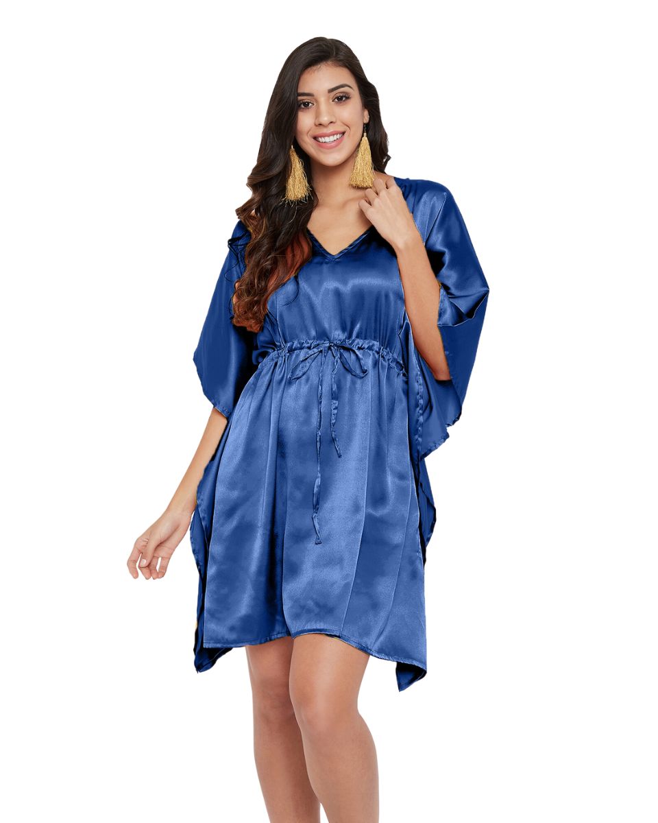 Satin Solid Navy Blue Plus Size Tunic Top For Women