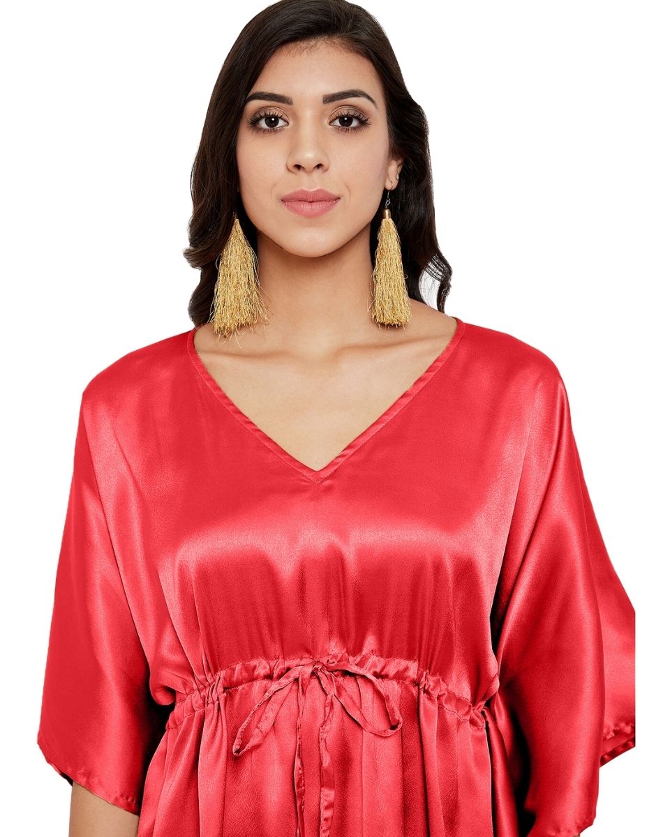 Solid Red Satin Tunic Top Dress For Plus Size Women