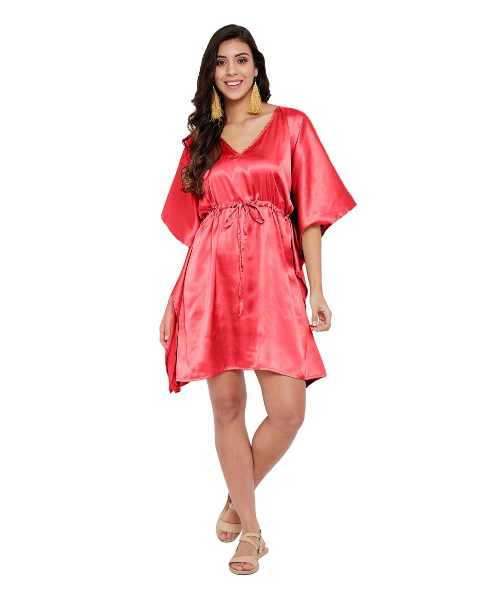 Solid Red Satin Tunic Top Dress For Plus Size Women