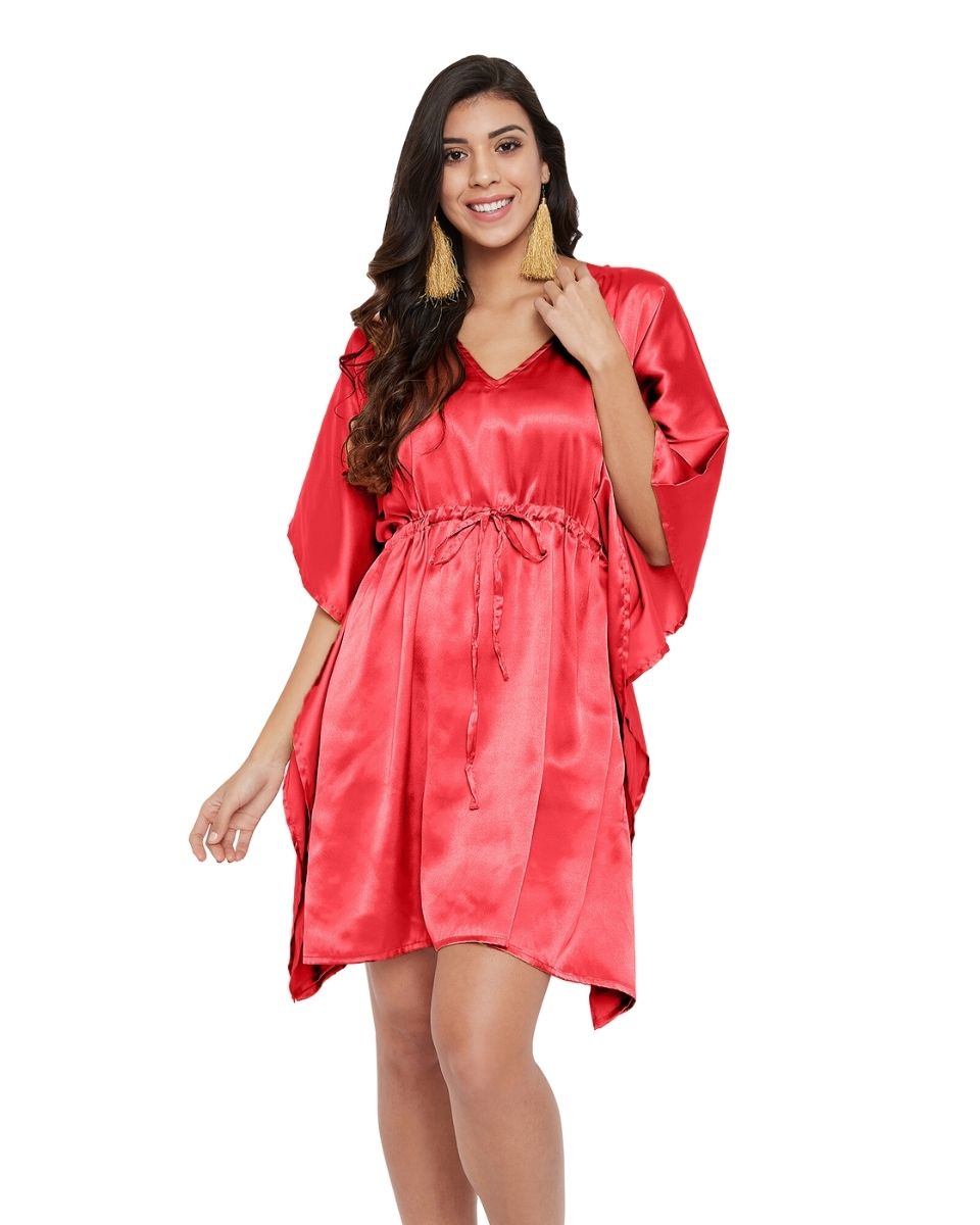 Solid Red Satin Tunic Top Dress For Plus Size Women