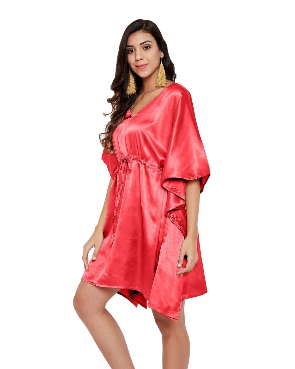 Solid Red Satin Tunic Top Dress For Plus Size Women
