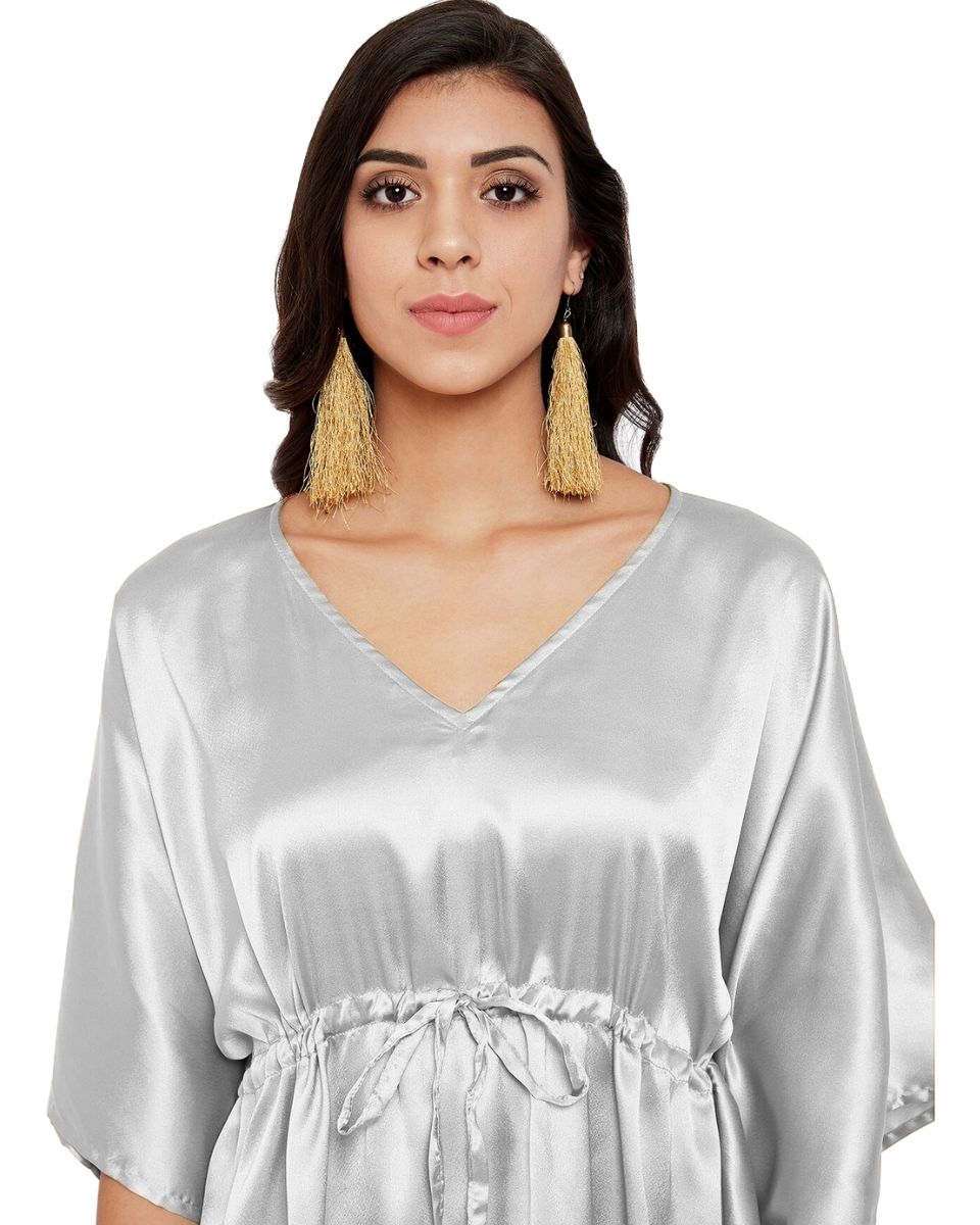 Silver Solid Gray Satin Plus Size Tunic Top For Women