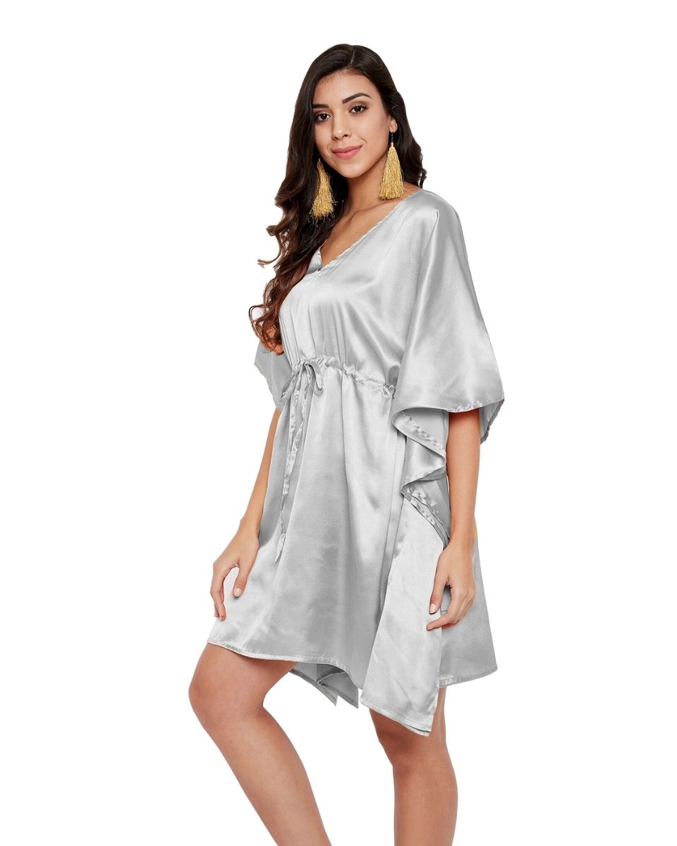 Silver Solid Gray Satin Plus Size Tunic Top For Women