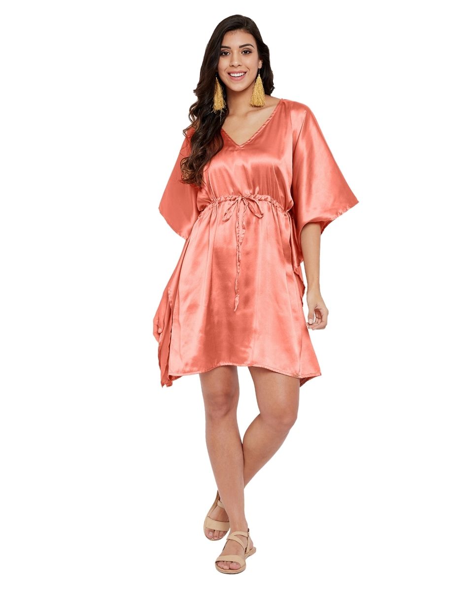 Rose Solid Salmon Satin Tunic Plus Size Top For Women