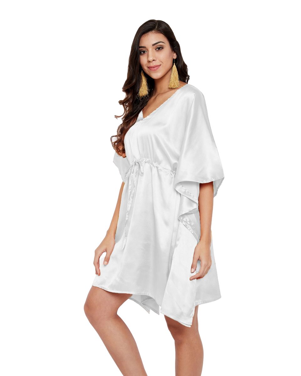 Solid White Satin Plus Size Short Kaftan Tunic For Women