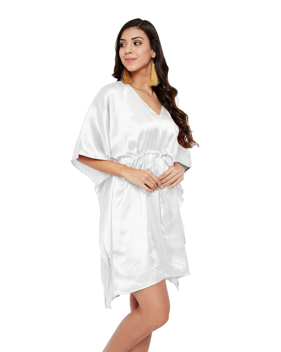 Solid White Satin Plus Size Short Kaftan Tunic For Women