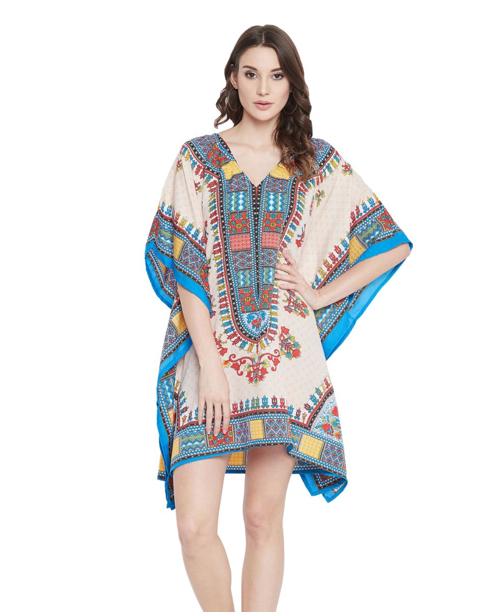 Beige Color Tribal Printed Polyester Tunic Plus Size Dress For Women
