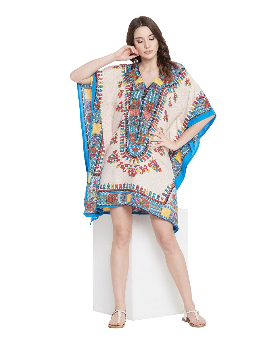 Beige Color Tribal Printed Polyester Tunic Plus Size Dress For Women