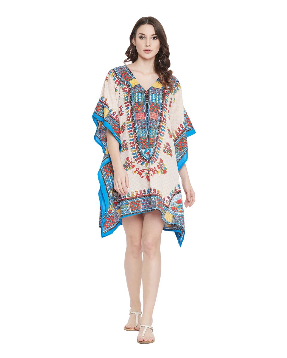 Beige Color Tribal Printed Polyester Tunic Plus Size Dress For Women