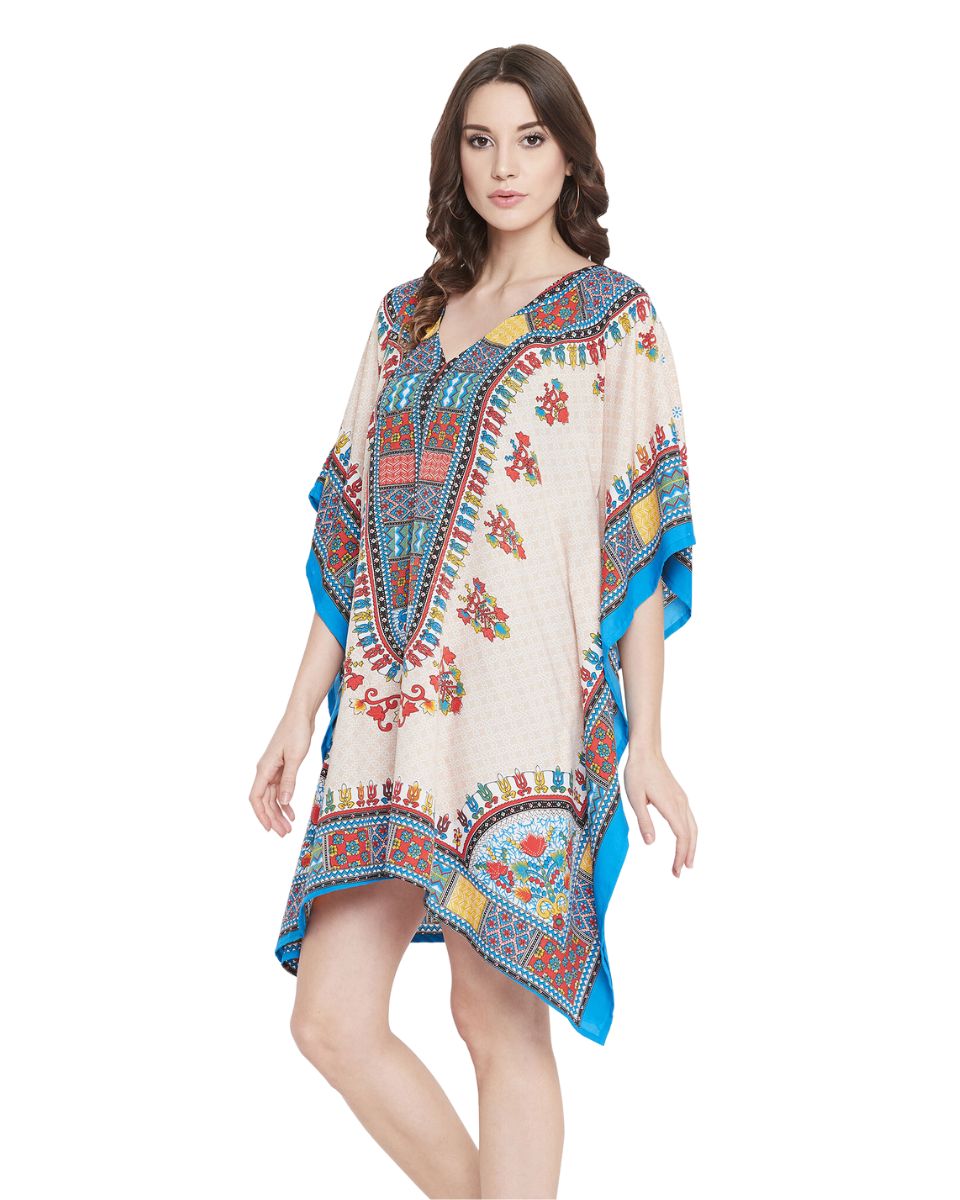 Beige Color Tribal Printed Polyester Tunic Plus Size Dress For Women