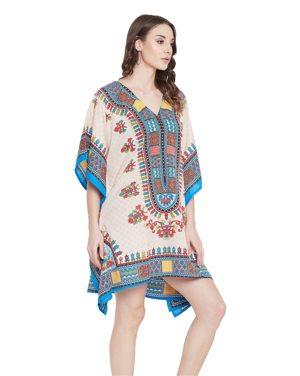 Beige Color Tribal Printed Polyester Tunic Plus Size Dress For Women