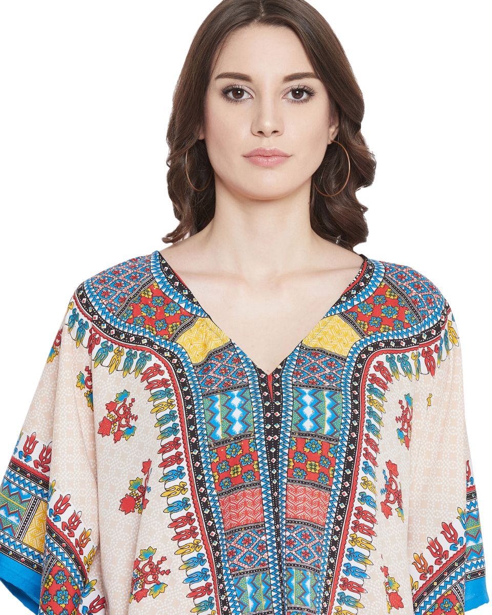 Beige Color Tribal Printed Polyester Tunic Plus Size Dress For Women