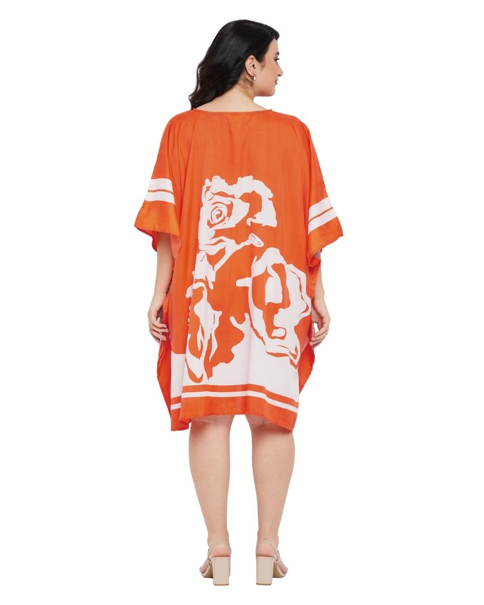 Floral Printed Orange Polyester Plus Size Tunic Top For Women