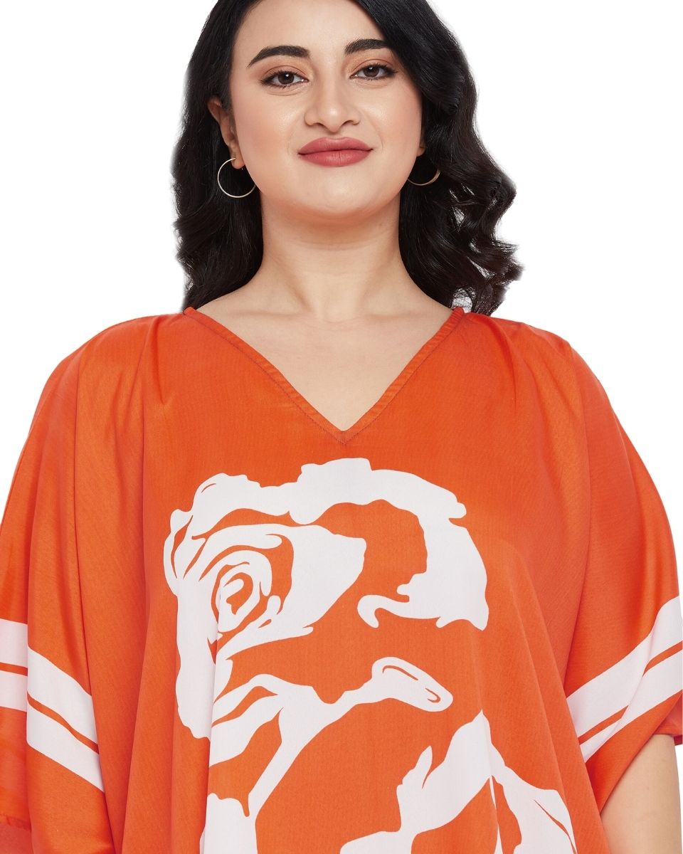 Floral Printed Orange Polyester Plus Size Tunic Top For Women