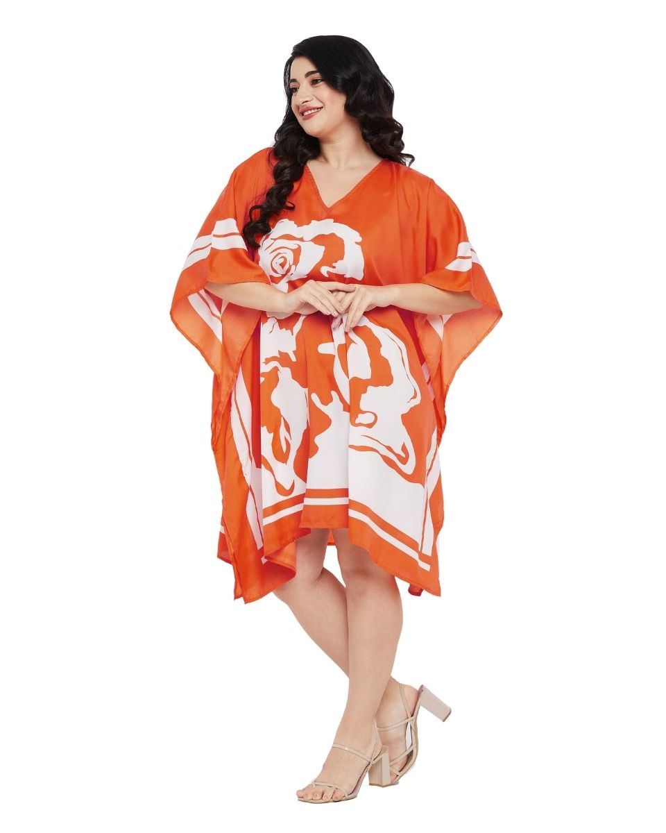 Floral Printed Orange Polyester Plus Size Tunic Top For Women