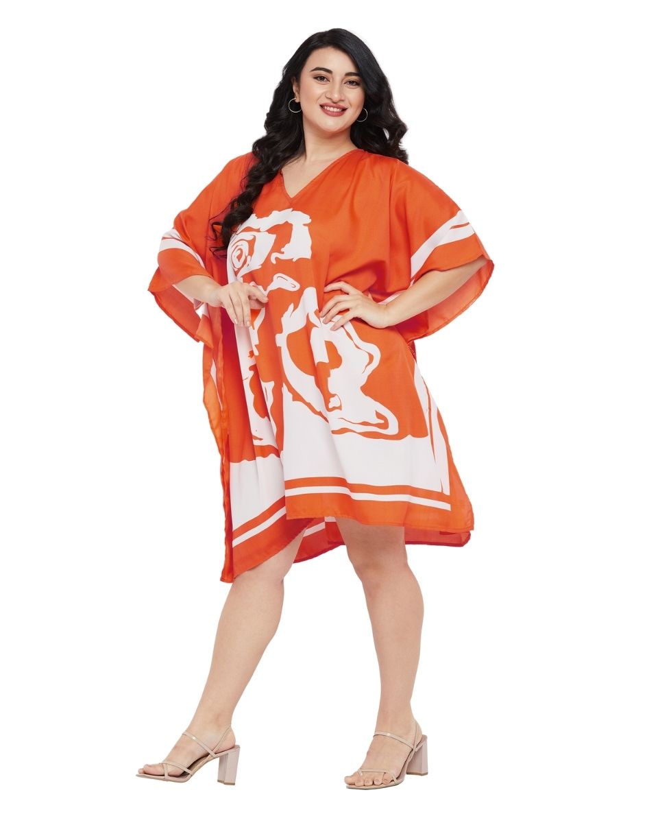 Floral Printed Orange Polyester Plus Size Tunic Top For Women