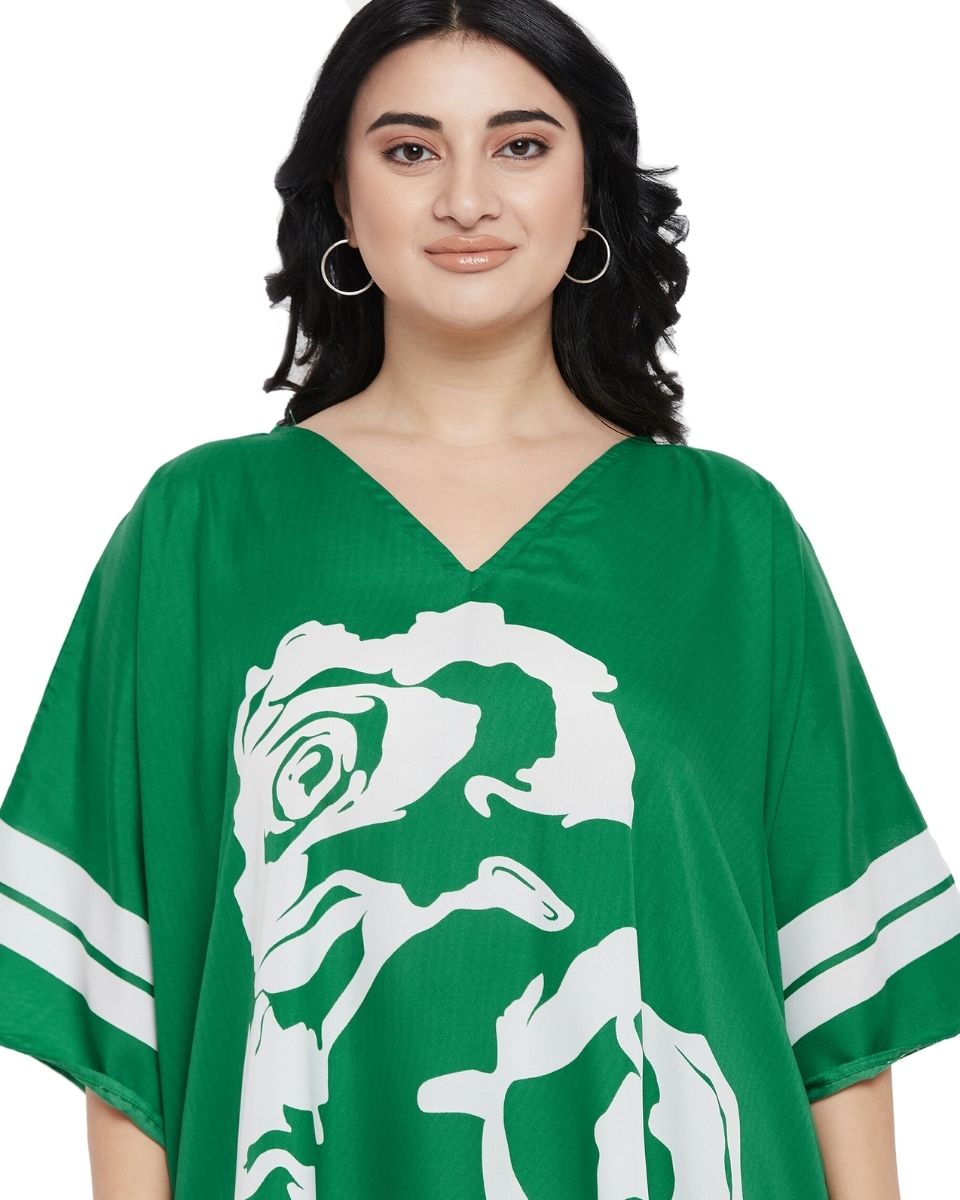 Floral Printed Green Polyester Plus Size Tunic Top For Women