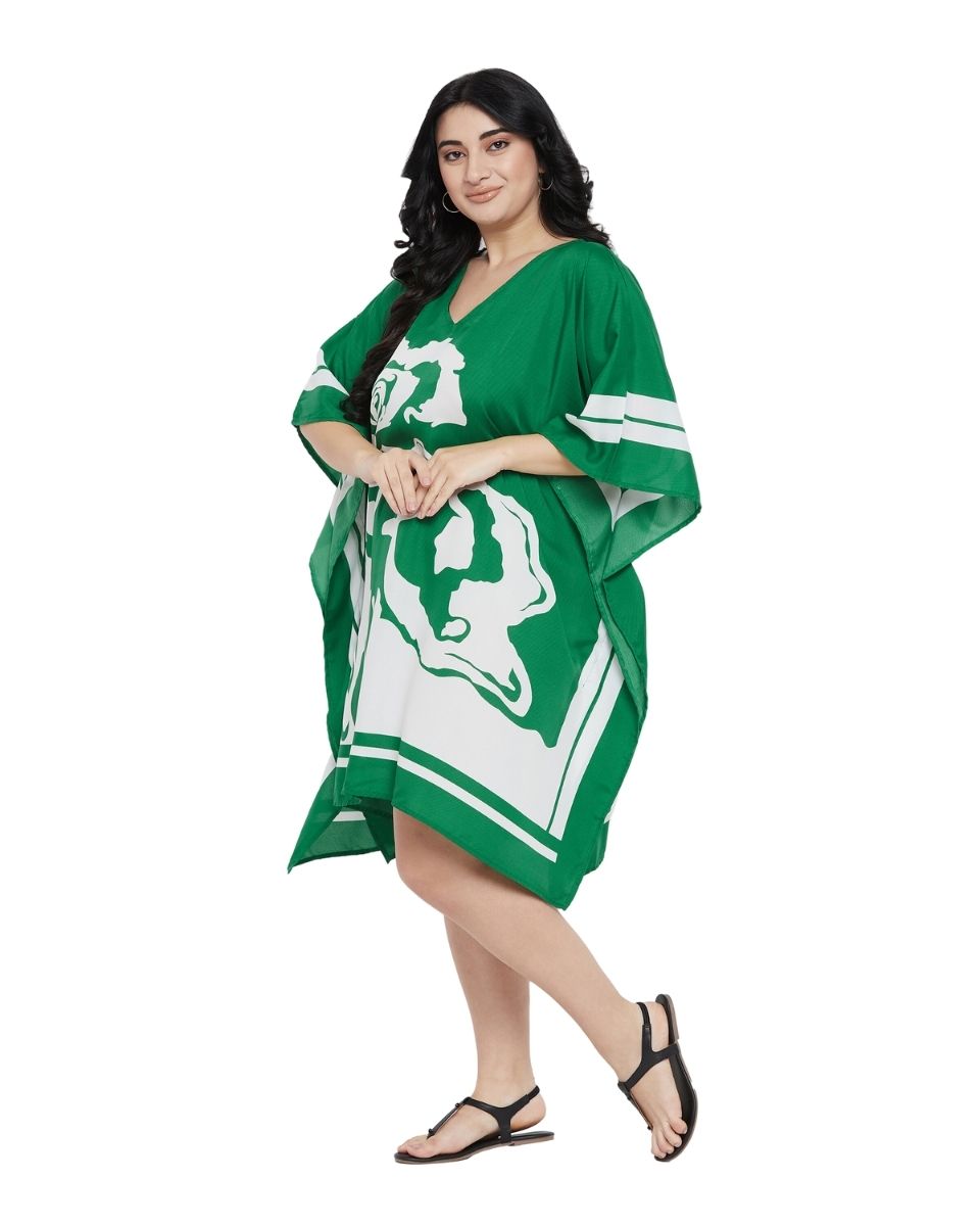 Floral Printed Green Polyester Plus Size Tunic Top For Women