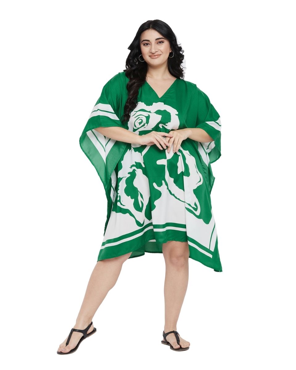 Floral Printed Green Polyester Plus Size Tunic Top For Women