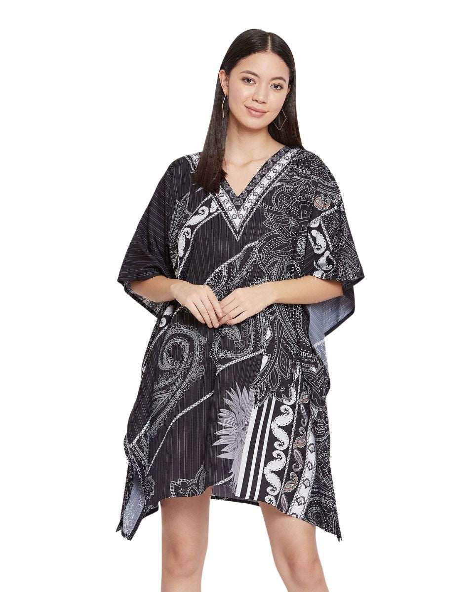 Floral Printed Black Polyester Short Caftan Tunic for Plus Size Women