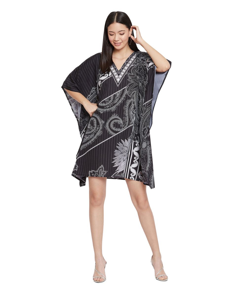 Floral Printed Black Polyester Short Caftan Tunic for Plus Size Women